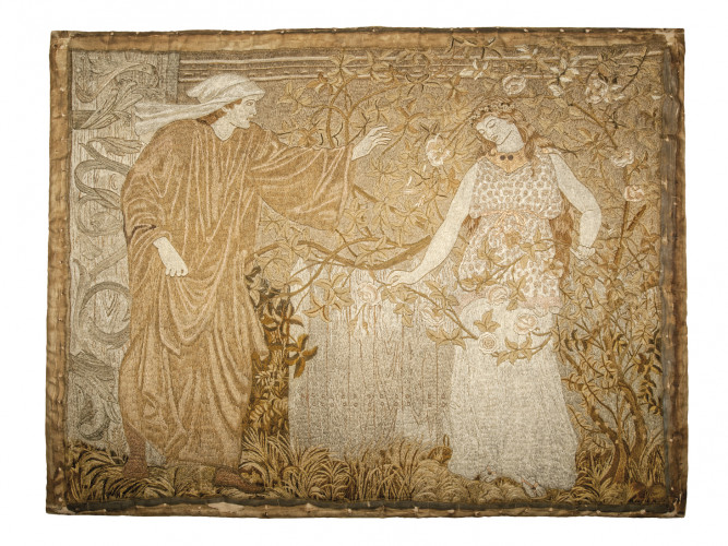 Embroidered scene with two figures in a garden