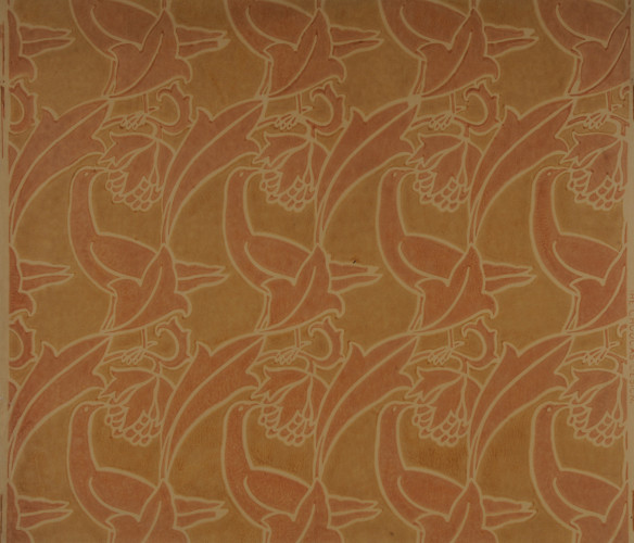 Birds pecking at flower heads among three-pointed leaves, in pink, pale brown and pale ochre on buff paper