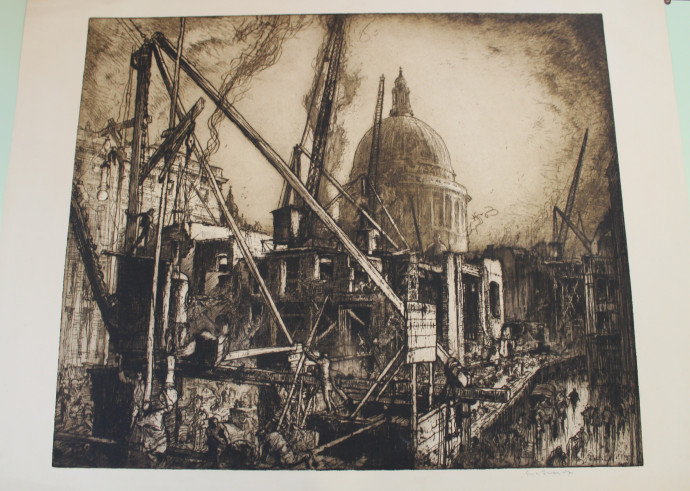 Dome of church background centre patrially obstructed by cranes, workmen demolishing building foreground left with hoists and scaffolding forming a triangle on left side