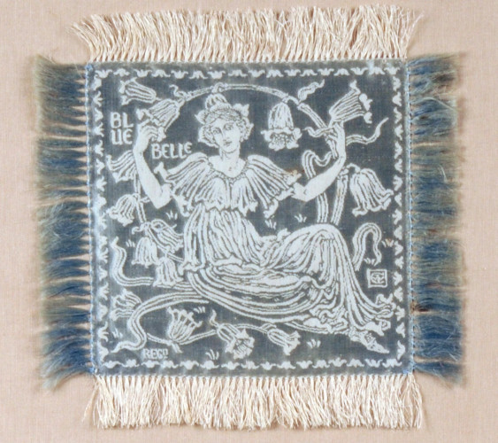 female figure and bluebell flowers on blue ground