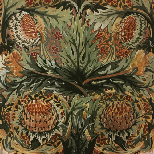 Watercolour design of artichokes, birds and squirrels