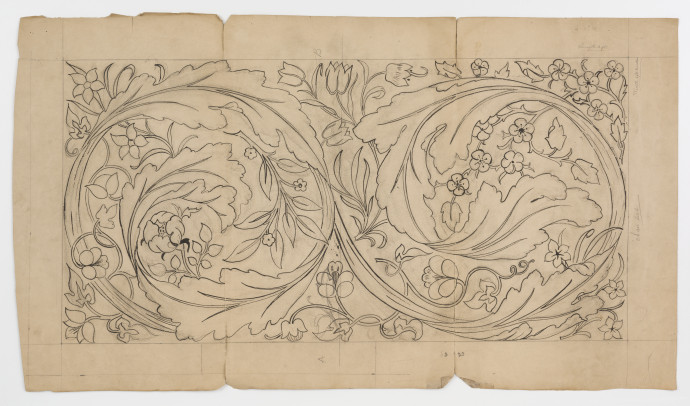 A rectangular design of swirling acanthus leaves and stylised flowers