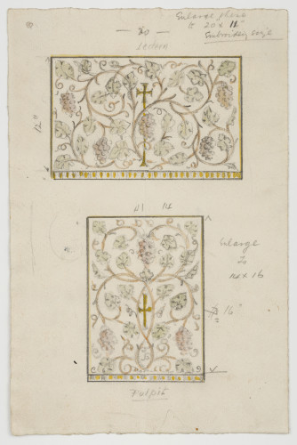 A design on paper for two embroideries with floral designs around a central cross