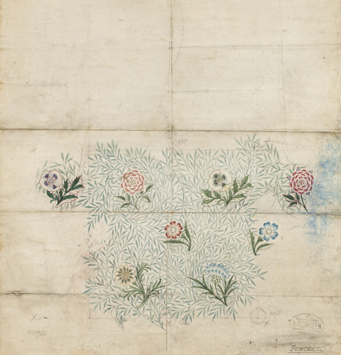 A wallpaper design showing coloured flowers on a background of willow leaves