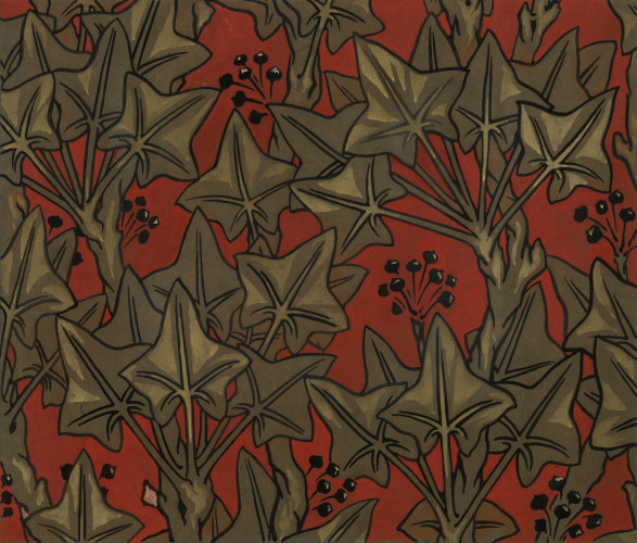 A wallpaper pattern of dark green ivy leaves on a red background