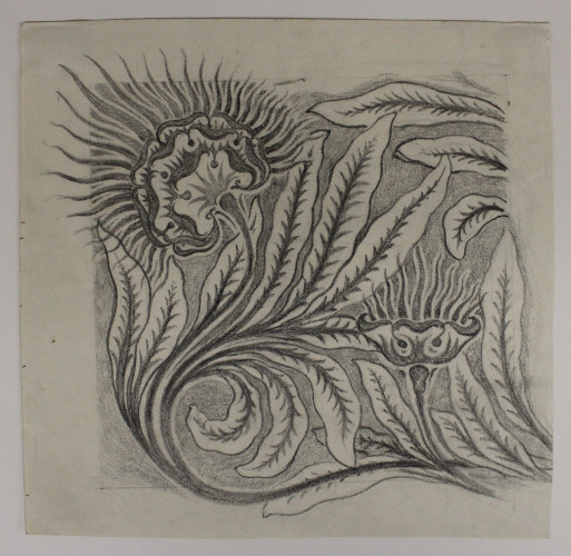 A square monochrome design showing flowers with sinuous leaves and stamens