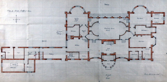 An architectural building plan drawn on gridded paper