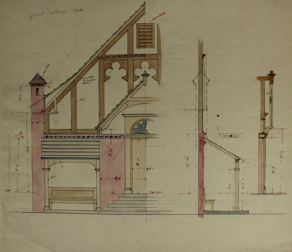 An architectural elevation view of the front of a hall building, coloured in yellows and pinks