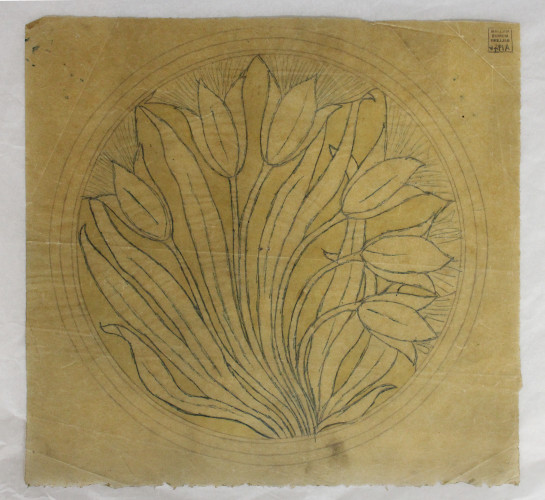 A circular design showing tulip flowers and leaves