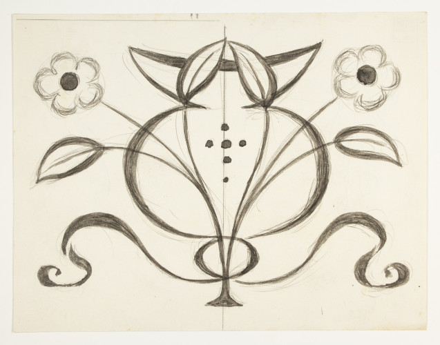 Symmetrical leaf and flower design with ribbon in pencil.