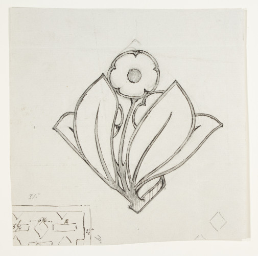 Design for a floral motif, part of a technical sketch in in in bottom left corner.