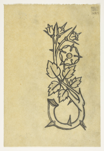 Design incorporating a twisted rose branch with thorns, leaves, buds and a single flower.