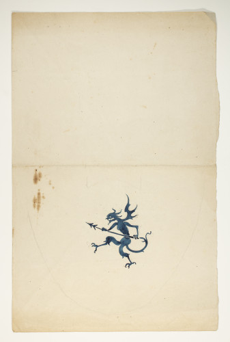 Design with a blue winged devil figure holding a spear.