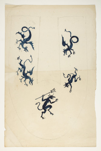 Design with five blue demon, devil or dragon figures, one holding a trident.