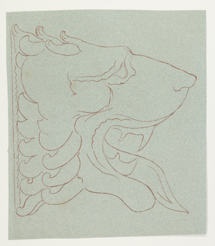 Sketch of a lion's head in profile in umber on blue-green paper.