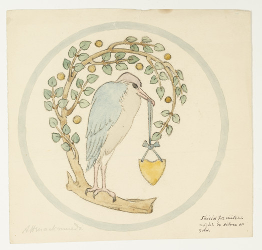 Blue winged stork standing on curved branch. Carrying shield for initials. Design bordered by blue circle.