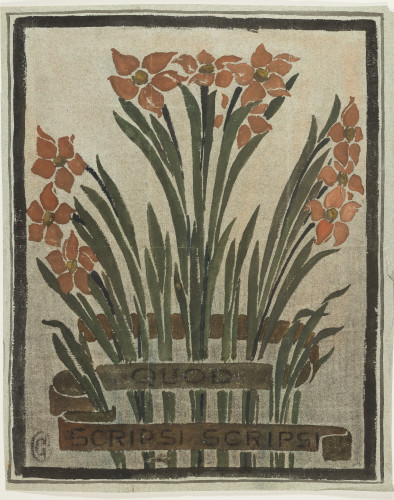 Design featuring red flowers and a latin inscription.