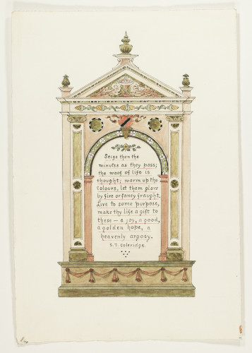 Text by Samuel Taylor Coleridge set within an ornate architectural frame design in greens and pinks.