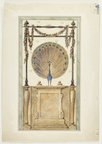 Plinth with standing male peacock and flower garlands in green border.