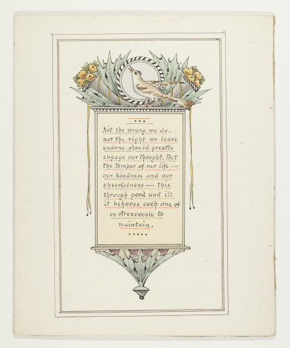 Peach text space with decorative bird, green thistle, yellow berries in grey horn, and yellow ribbon illustration.