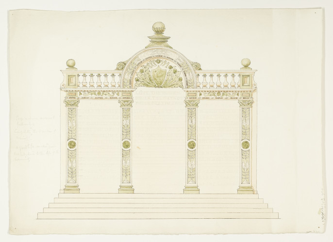 Monument, three text spaces with steps. Green decoration on pillars, upper central green shield and leaves.