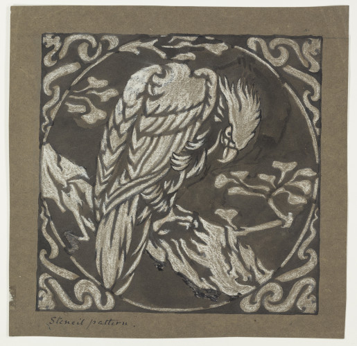 Design for a stencil with a hawk on a branch within a circular border.