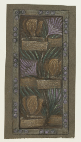 Floral design in rectangular border, on brown paper.