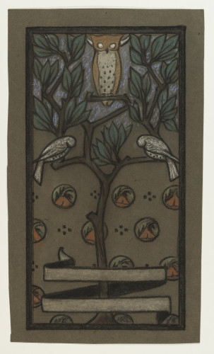 Chalk design on brown paper, featuring an owl perched in a tree with two doves on either side.