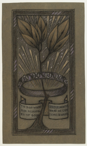 Design with a crown encircling a sapling in a rectangular border, on brown paper.