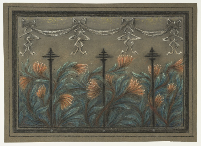 Floral design in rectangular border on brown paper.