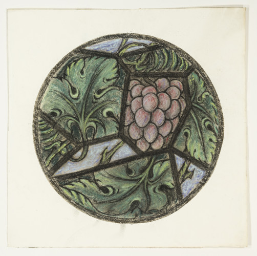 Circular chalk design with grapes and vine leaves.