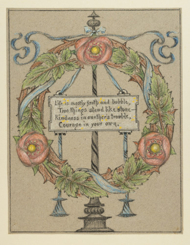 Wreath design with red flowers and a central text.