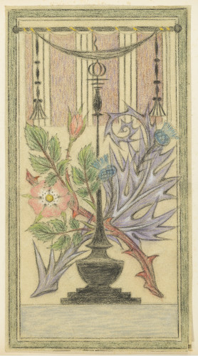 Rectangular design featuring a rose and thistle entwined behind an ornate post.