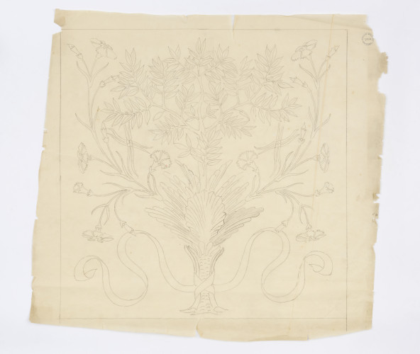 A symmetrical pattern of plants, ribbons, and flowers drawn in pencil