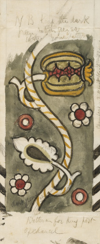 A part-finished floral pattern with stylized fruit and stems