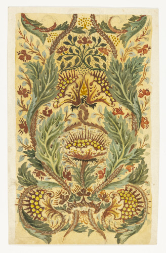 Floral pattern design in ochre, red and green.