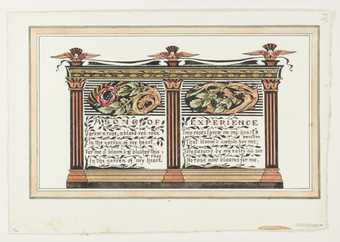 Design for ornamented verse in black, red, pink and green watercolour.