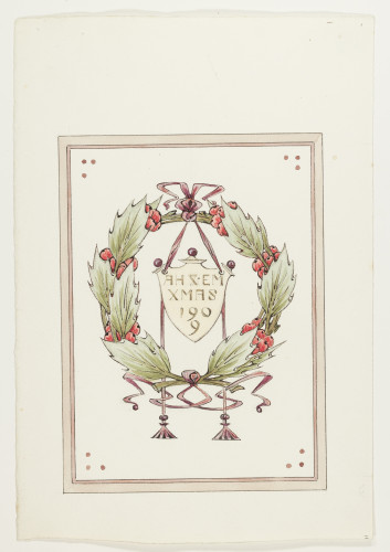 Design of wreath and shield, in green, red and mauve