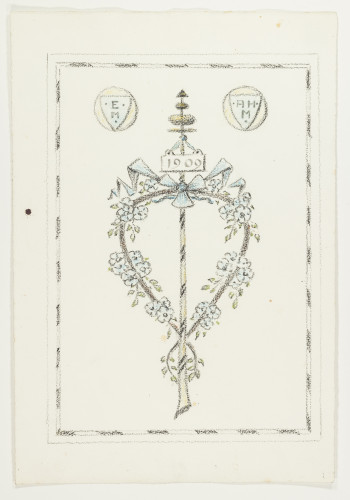 Design for card with flowers and shields "E.M." "A.H.M." 1909, in blue, black and yellow.