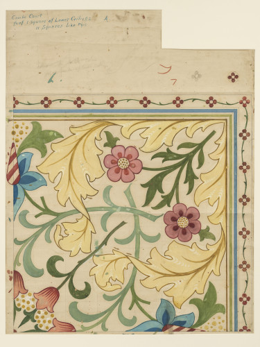 A square outlined in blue and green filled with decorative leaves and flowers.