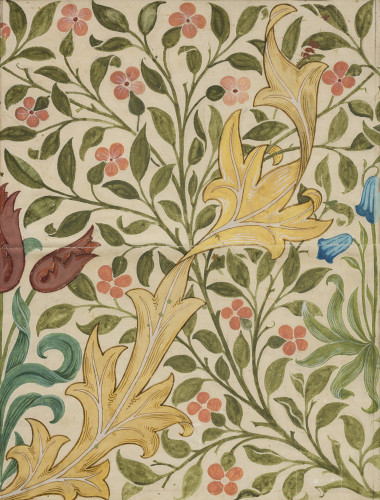 A floral pattern of small green leaves, large yellow leaves and coloured flowers