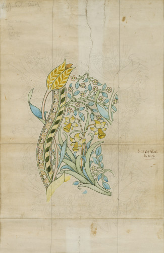 Blue and yellow stylized design of a daffodil and other flowers