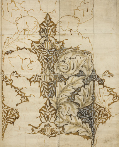 A symmetrical pattern of curling acanthus leaves in pencil and sepia watercolour