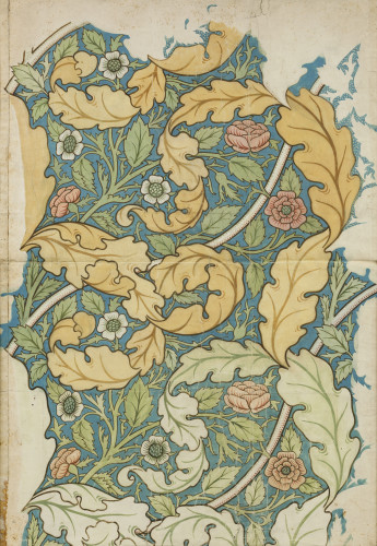 A wallpaper design of red roses, yellow acanthus leaves and white flowers against a light blue background