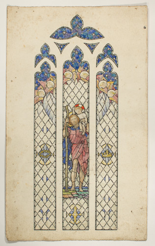 Design for a three light window showing St. Christopher carrying the infant Christ across a river, surrounded by angels.