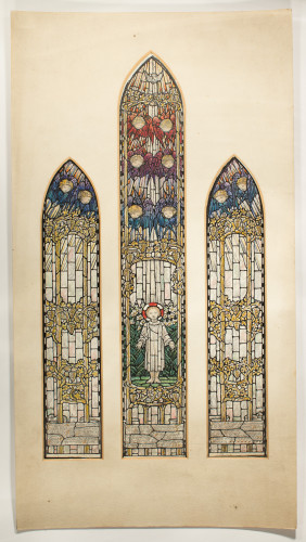 Design for three light window showing the Christ Child in a garden observed by angels.