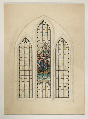 Design for a three light window featuring a ship and lighthouse in the central light.