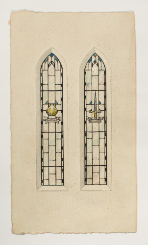 Design for a two-light window featuring a shell and dagger.