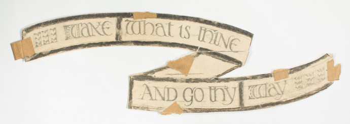 Design for a window text framed in a folded banner.