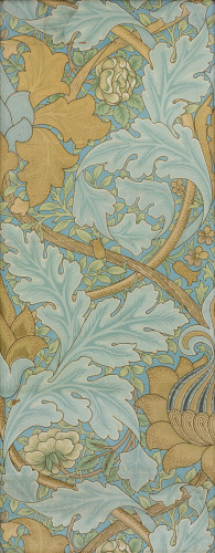 A colourful strip of wallpaper showing gold and light blue leaves and white roses on a blue background